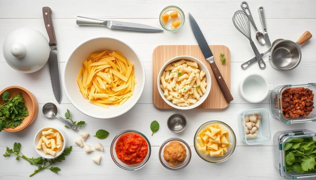 Essential kitchen tools for making pasta salad including bowls, cutting boards, and knives