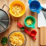 Essential kitchen tools for making pasta salad recipes including a large pot, colander, mixing bowls, and sharp knife