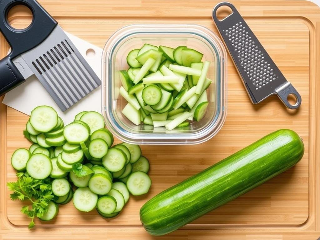 Essential tools for making TikTok cucumber salad including mandoline and deli container