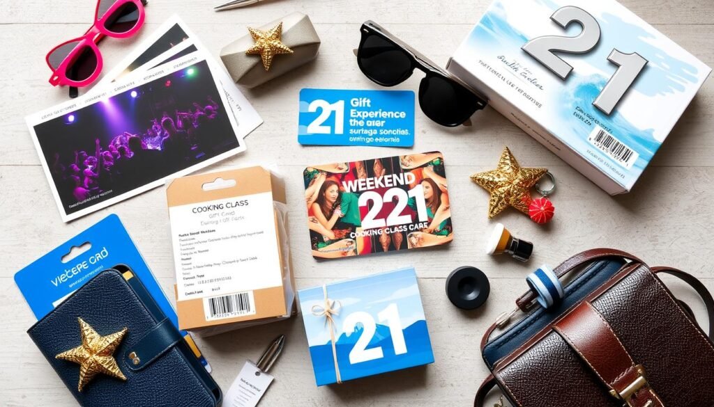 Experience gifts for 21st birthday including concert tickets, cooking class voucher, and travel accessories