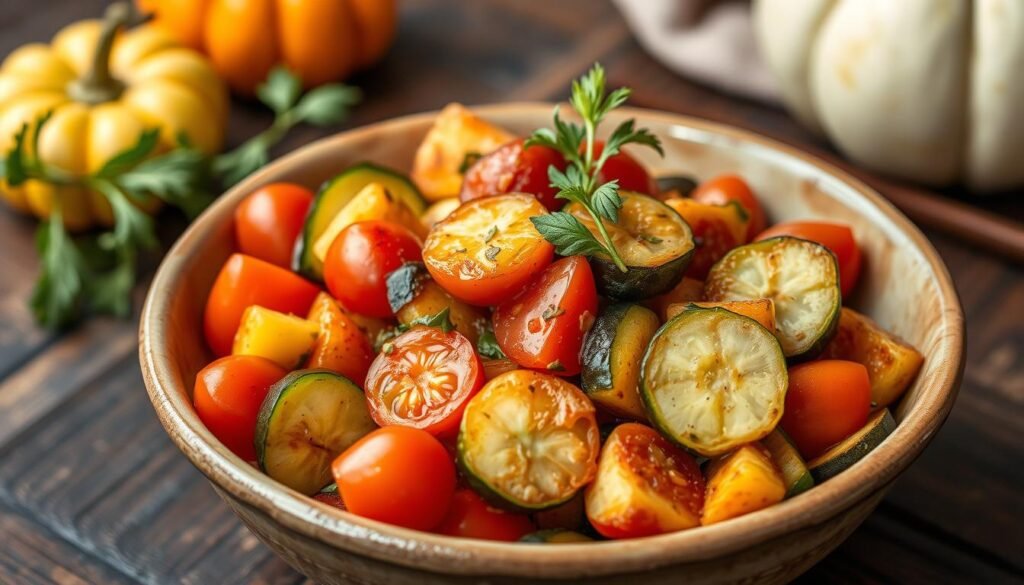 Fall variation of tomato and cucumber salad with roasted vegetables