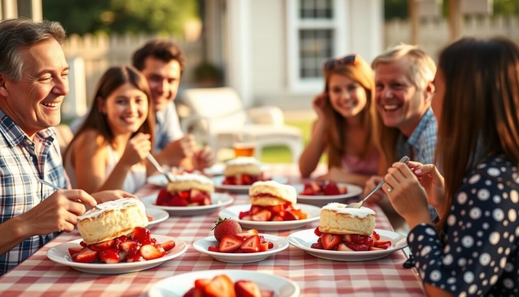 Family enjoying Bisquick strawberry shortcake at an outdoor summer gathering