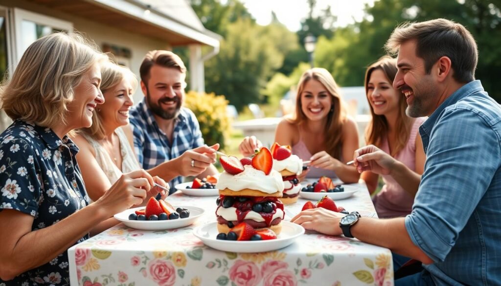 Family enjoying blueberry muffin strawberry shortcake at an outdoor gathering Family enjoying blueberry muffin strawberry shortcake at an outdoor gathering