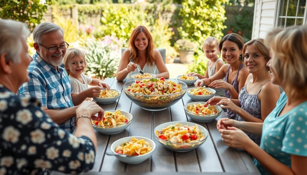 Family enjoying chicken pasta salad at an outdoor gathering