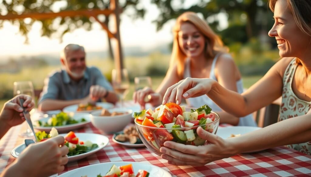 Family enjoying outdoor meal with tomato cucumber salad