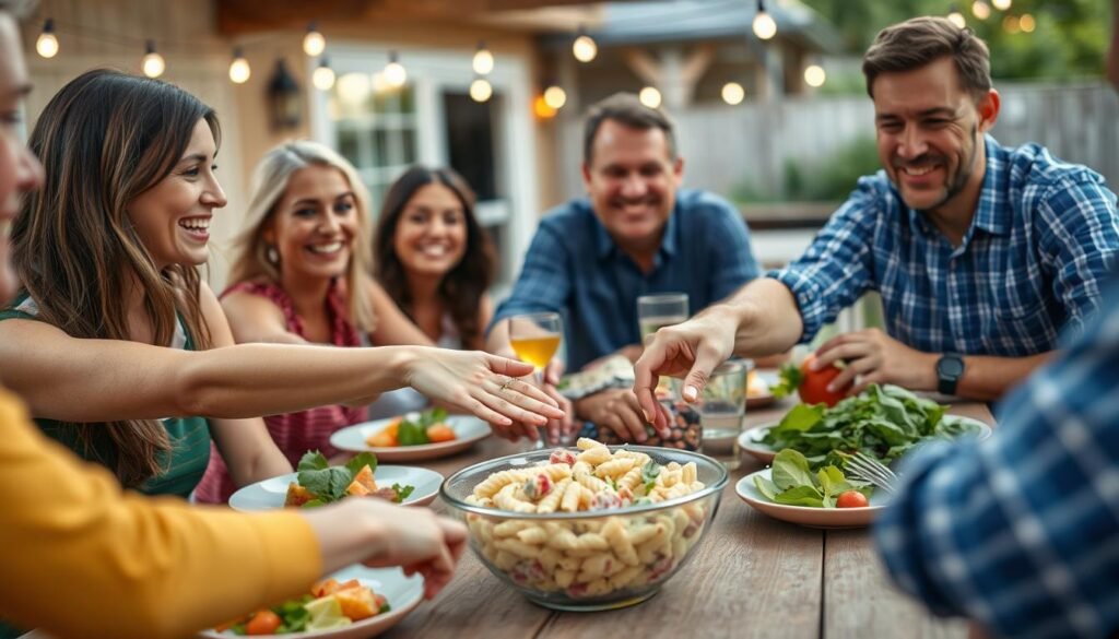Family enjoying ranch pasta salad at an outdoor gathering Family enjoying ranch pasta salad at an outdoor gathering