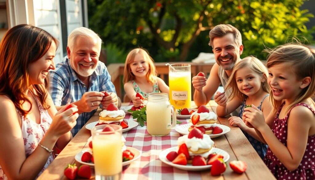 Family enjoying strawberry shortcake together at an outdoor table