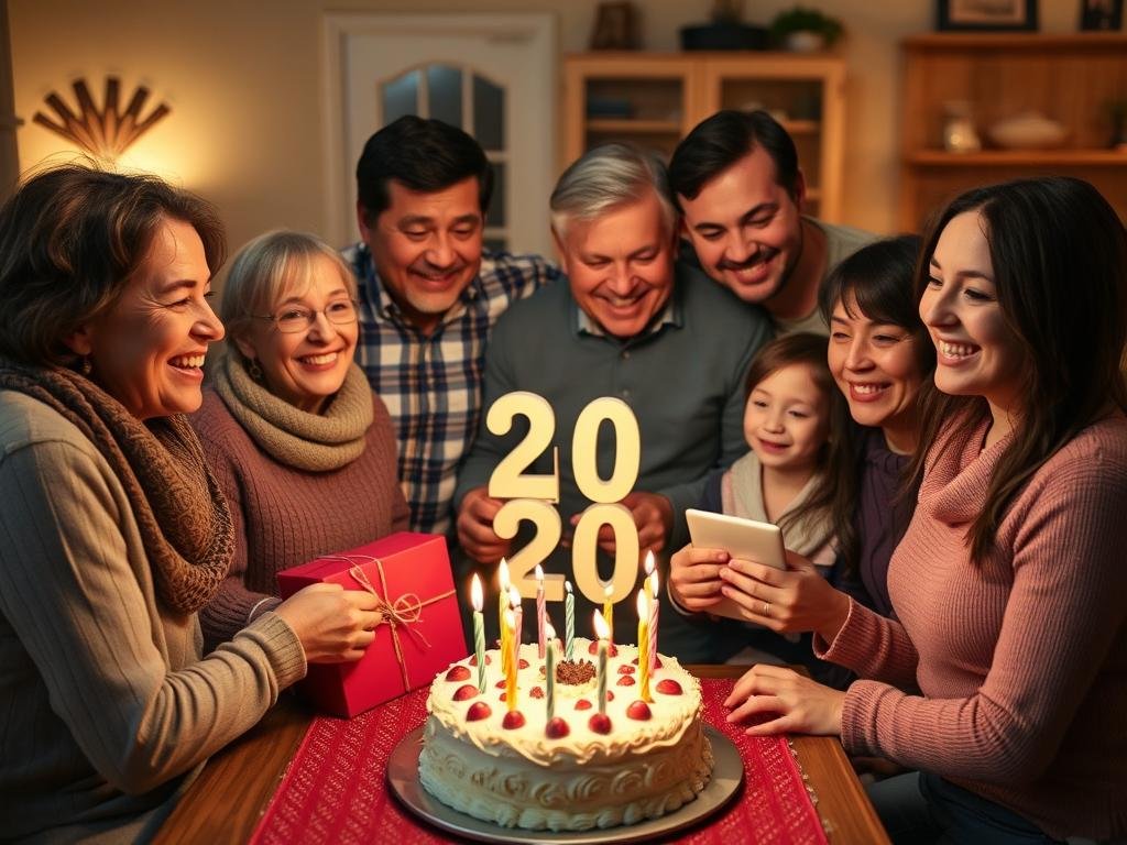 Family gathering to celebrate a 20th birthday with cake and presents