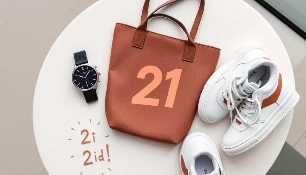 Fashion accessories as 21st birthday gifts including watch, designer bag, and trendy sneakers