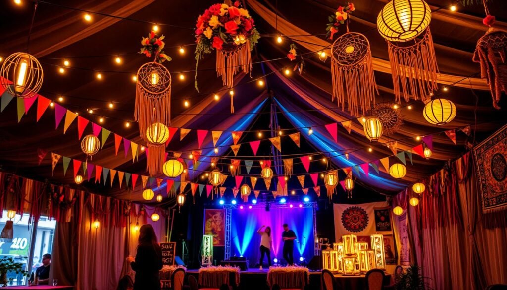 Festival themed 20th birthday party with bohemian decorations and string lights