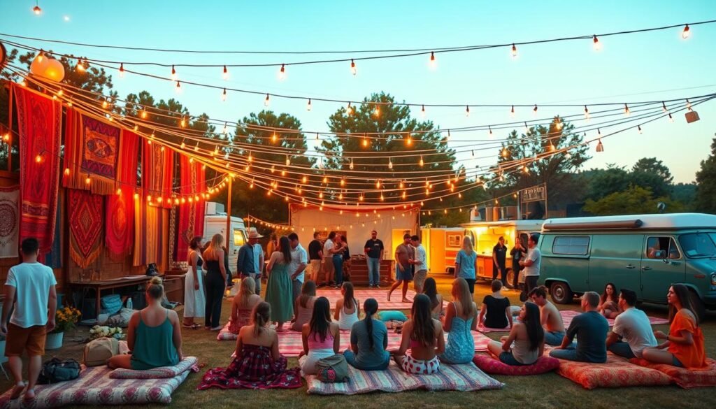 Festival-themed 21st birthday party with bohemian decorations, fairy lights, and outdoor lounge areas