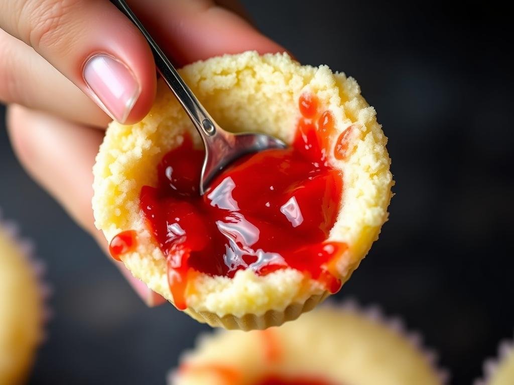 Filling a cupcake with strawberry compote using a small spoon Filling a cupcake with strawberry compote using a small spoon