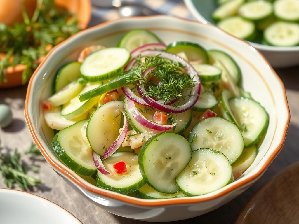 Final plated easy cucumber salad garnished with fresh dill in a serving bowl