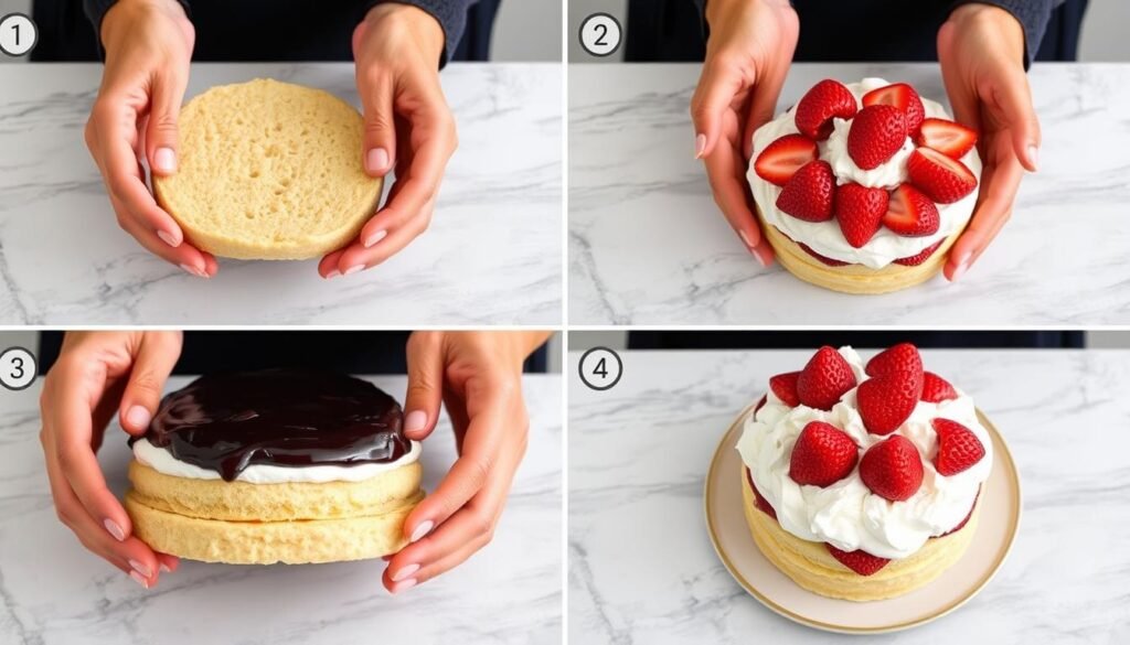 Final plum pudding strawberry shortcake being assembled in layers