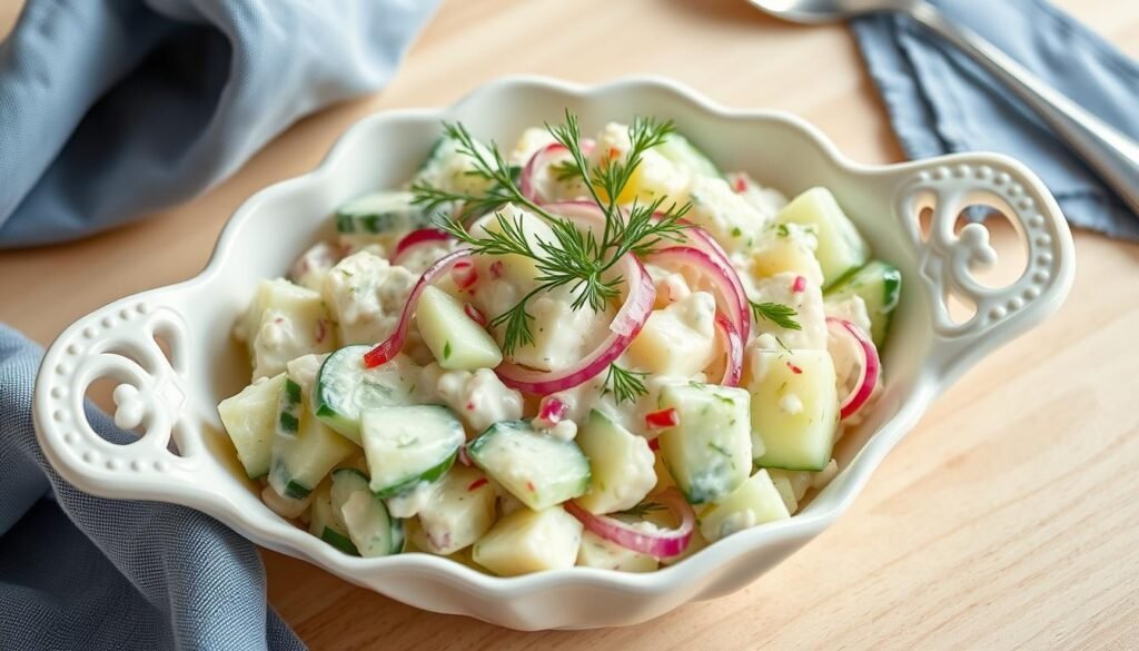 Final presentation of creamy cucumber salad in a decorative bowl garnished with fresh dill sprigs