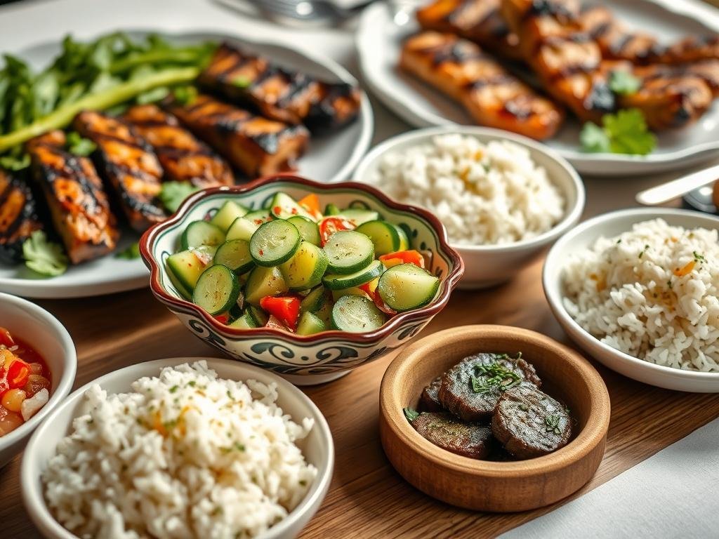 Final presentation of spicy cucumber salad as part of a complete meal