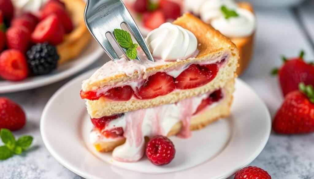 Final slice of raspberry tart strawberry shortcake being served