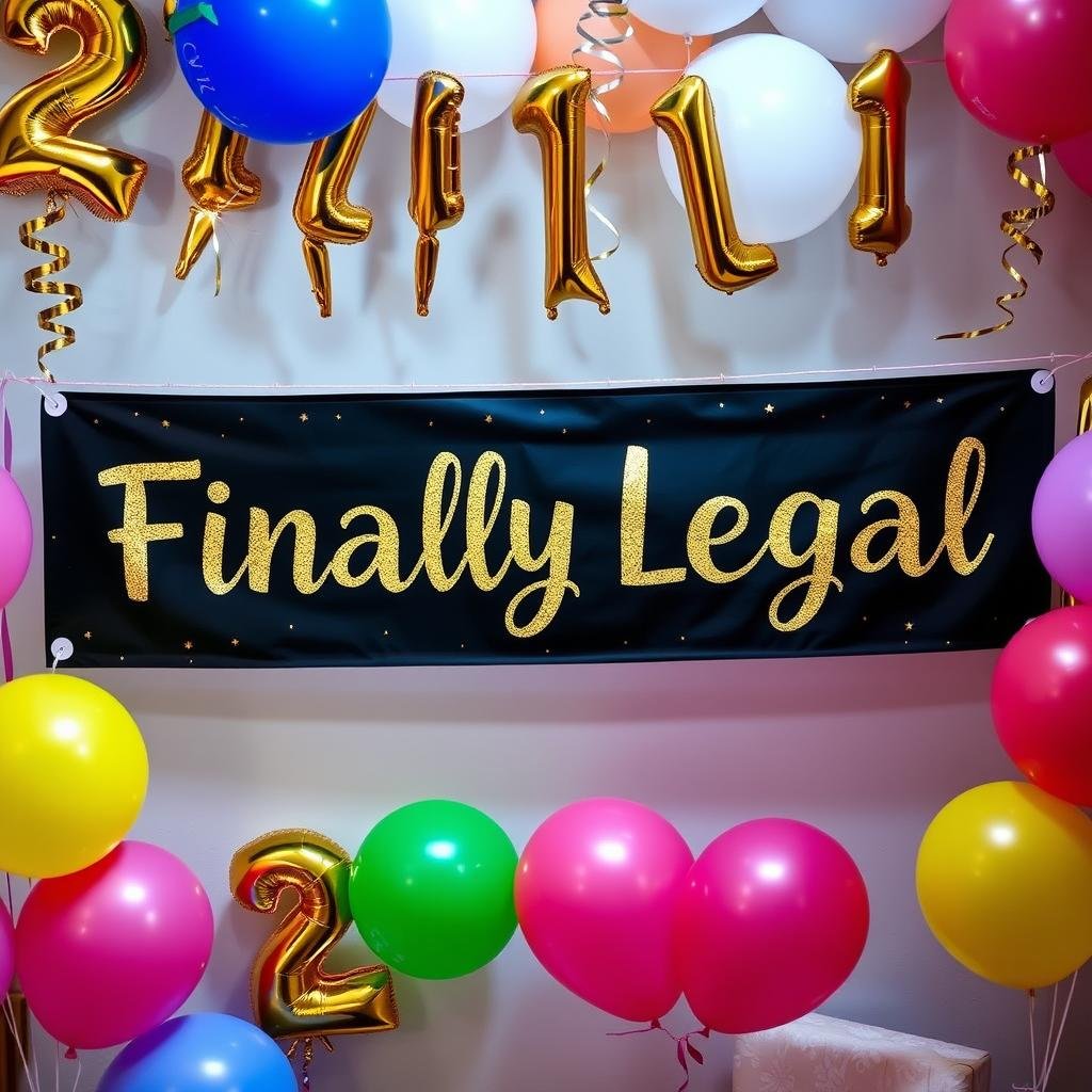 Finally Legal 21st birthday banner with party decorations