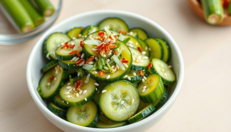 Finished Asian cucumber salad in a white bowl, showing bright green cucumber slices glistening with sesame oil dressing, topped with sesame seeds and red chili flakes