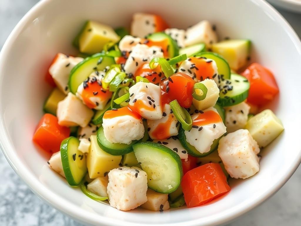 Finished California Roll Cucumber Salad garnished and ready to serve Finished California Roll Cucumber Salad garnished and ready to serve