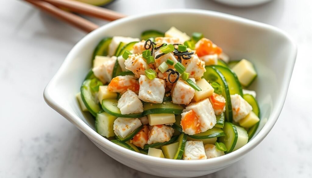 Finished California Roll Cucumber Salad in a beautiful serving bowl Finished California Roll Cucumber Salad in a beautiful serving bowl