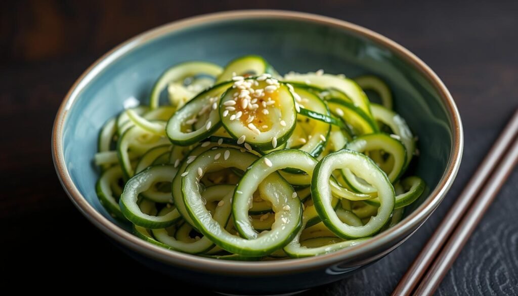Finished Japanese cucumber salad in a decorative bowl garnished with sesame seeds