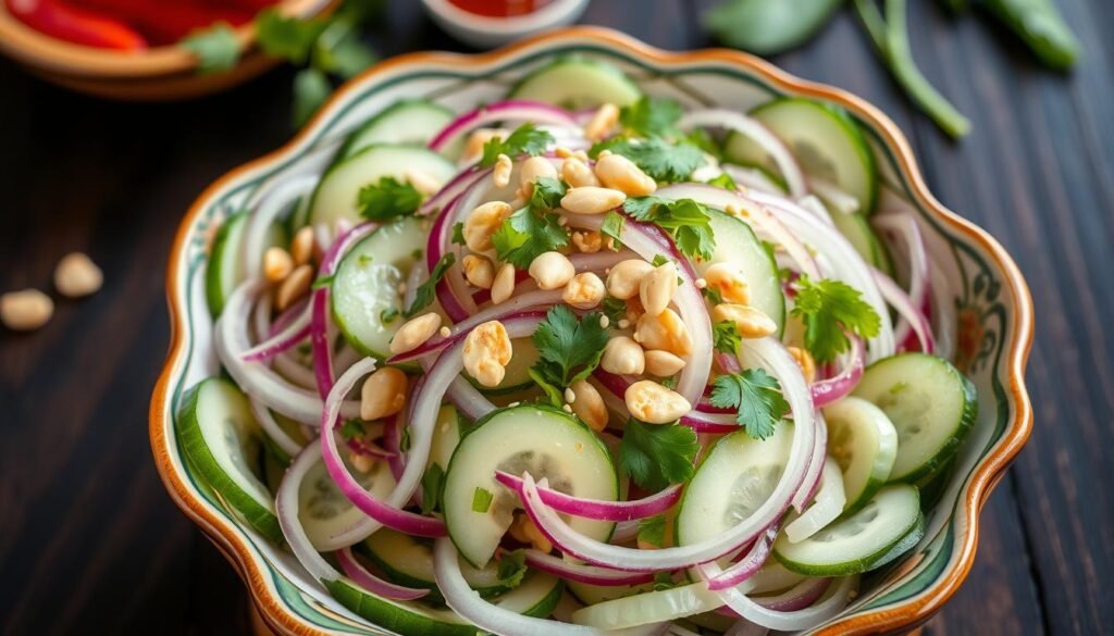 Finished Thai cucumber salad in a serving bowl garnished with cilantro and peanuts