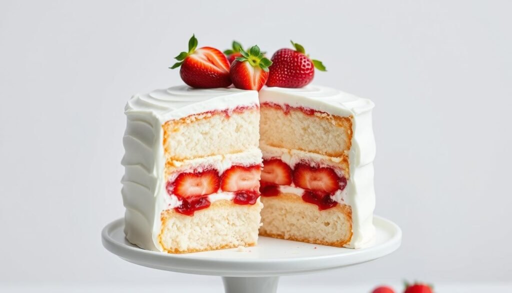 Finished cake with strawberry filling between layers and fresh strawberries on top Finished cake with strawberry filling between layers and fresh strawberries on top