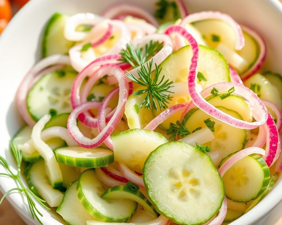 Finished classic cucumber salad with vinegar in a serving bowl