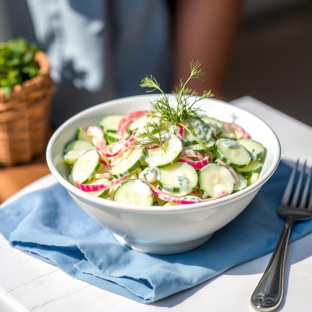 Finished creamy cucumber salad garnished with fresh dill ready to serve Finished creamy cucumber salad garnished with fresh dill ready to serve