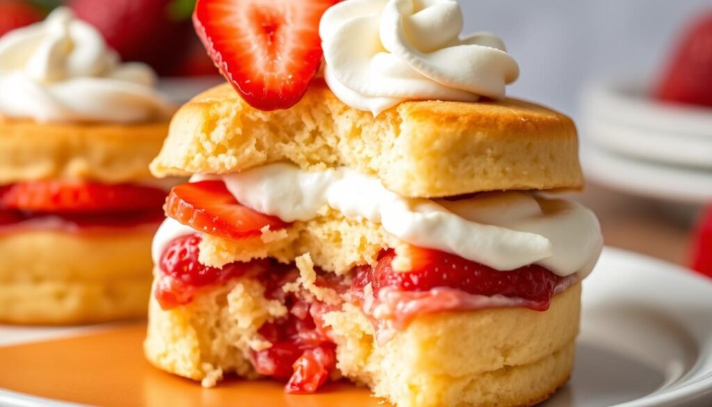 Finished orange blossom strawberry shortcake with a bite taken out showing the layers