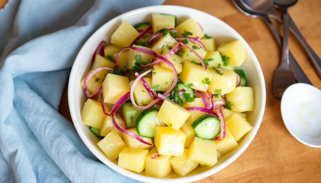 Finished pineapple cucumber salad in a serving bowl ready to be enjoyed