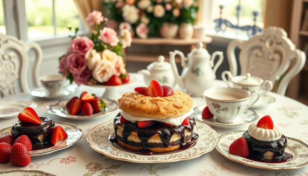 Finished plum pudding strawberry shortcake served on a beautiful dessert table