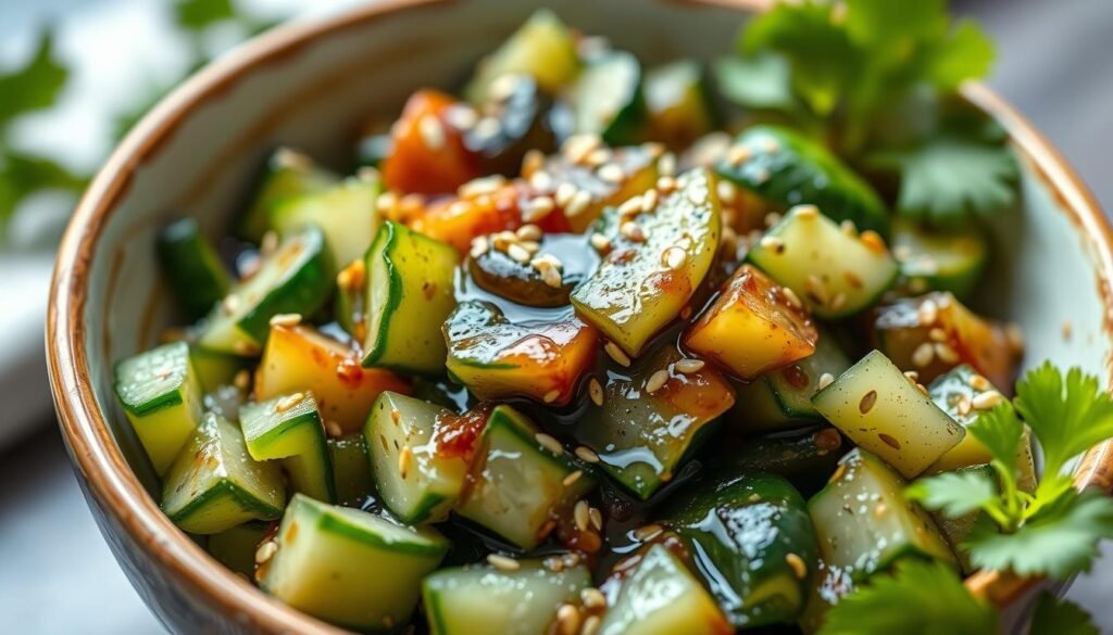 Finished smashed cucumber salad recipe in a serving bowl Finished smashed cucumber salad recipe in a serving bowl