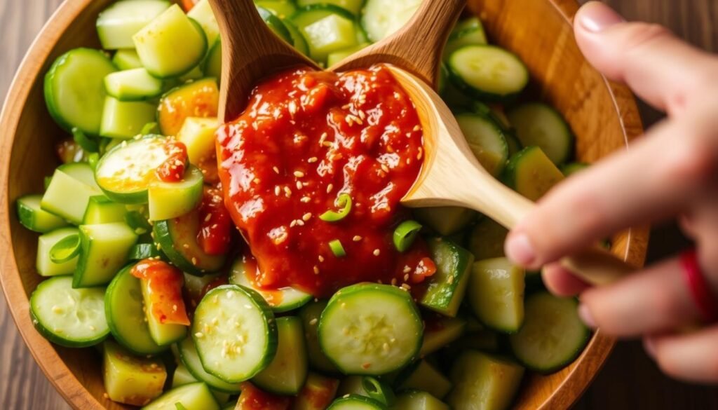 Finished spicy cucumber salad being tossed in a large bowl