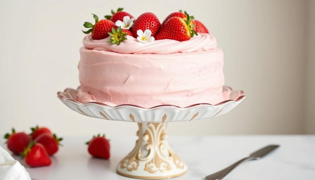 Finished strawberry cake on a decorative cake stand