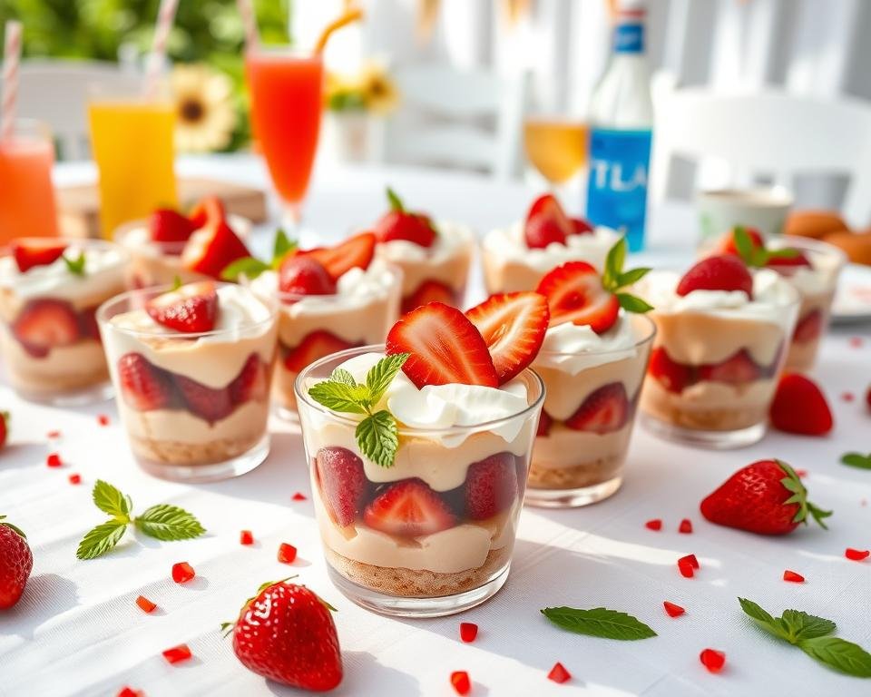 Finished strawberry shortcake cups on a dessert table at a summer party Finished strawberry shortcake cups on a dessert table at a summer party