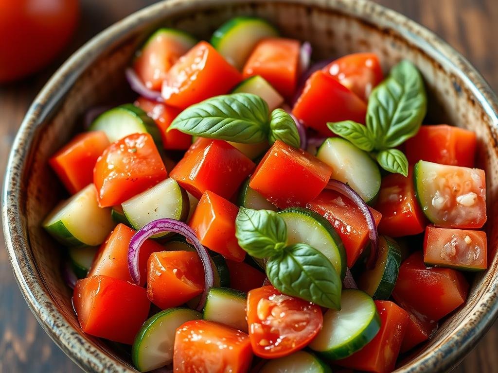Finished tomato cucumber salad in serving bowl