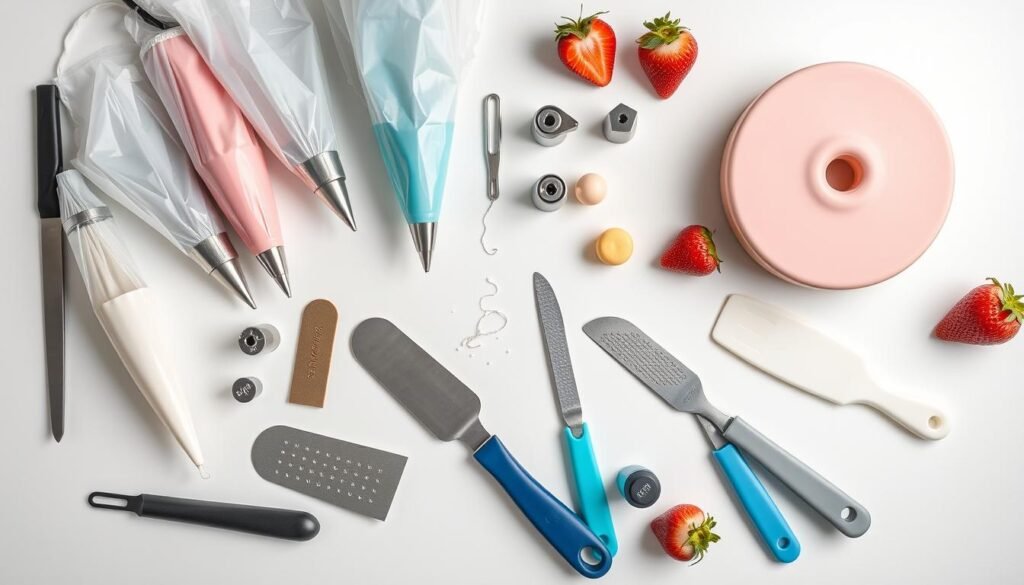 Flat lay of essential cake decorating tools for strawberry cake designs
