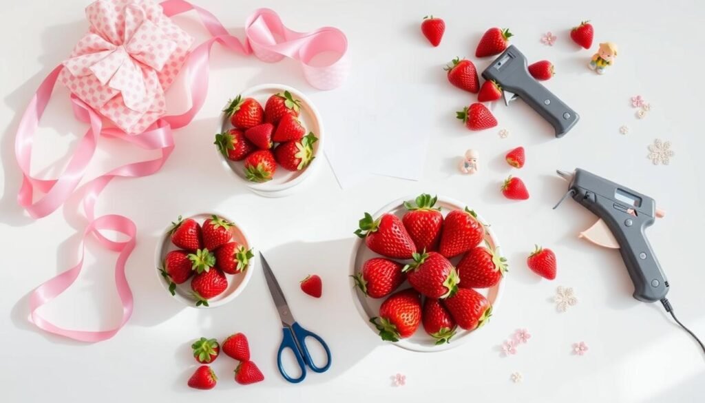 Flat lay of materials needed for creating strawberry shortcake centerpieces including cake stands, artificial strawberries, and decorative elements