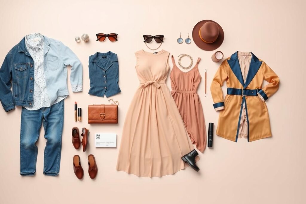 Flatlay of multiple outfit options for 30th birthday photoshoot including casual and formal attire Flatlay of multiple outfit options for 30th birthday photoshoot including casual and formal attire