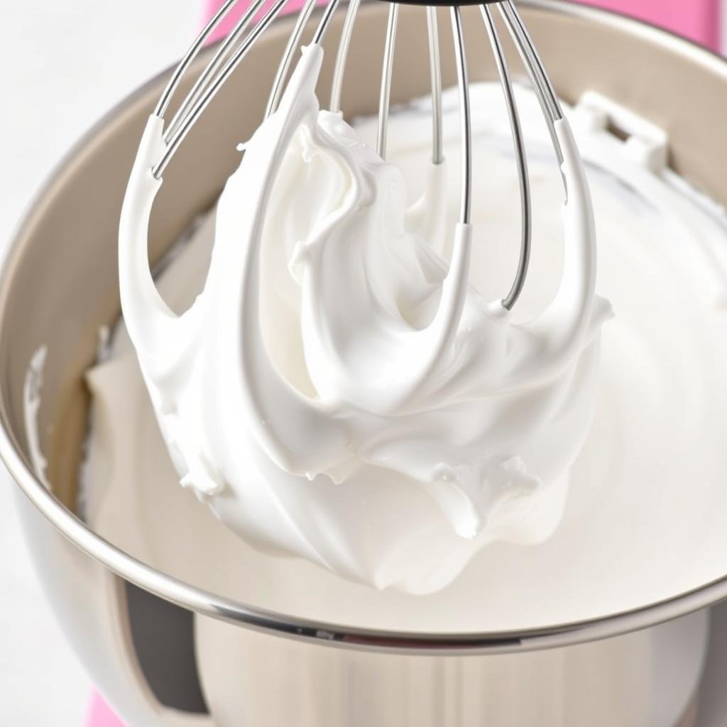 Fluffy white meringue with stiff peaks being whipped in a stand mixer bowl