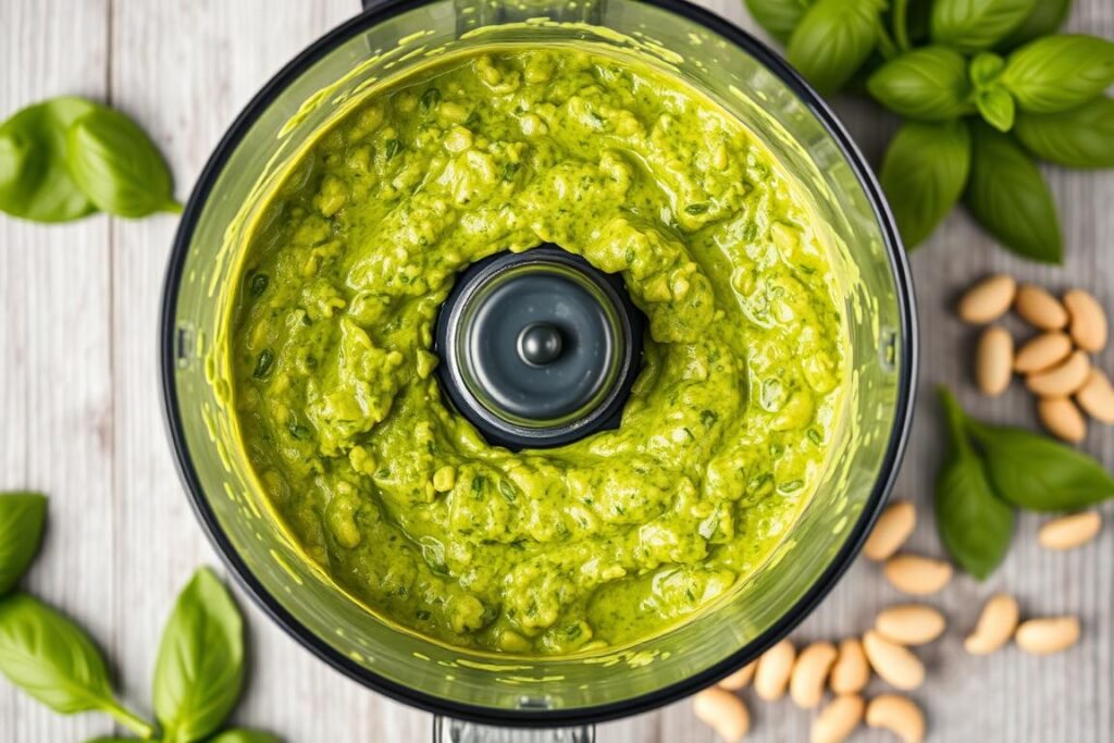 Food processor blending avocado pesto for pasta salad