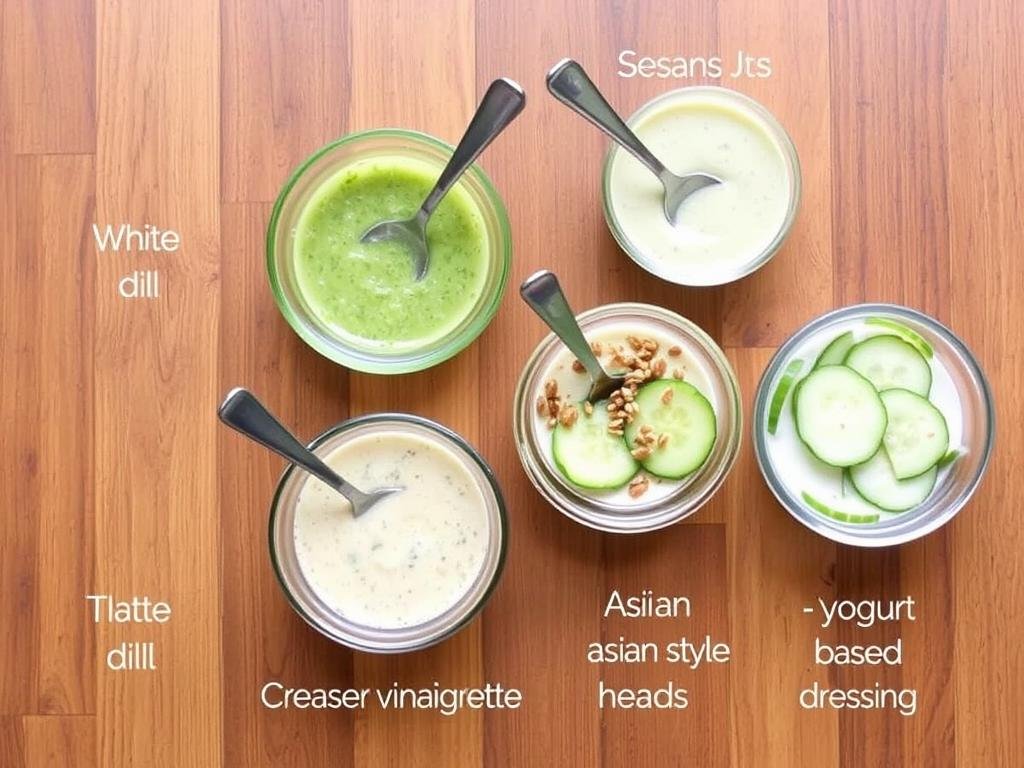 Four different cucumber salad dressings in small bowls