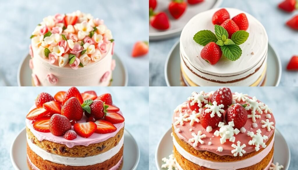 Four different seasonal strawberry cake decorations for spring, summer, fall, and winter