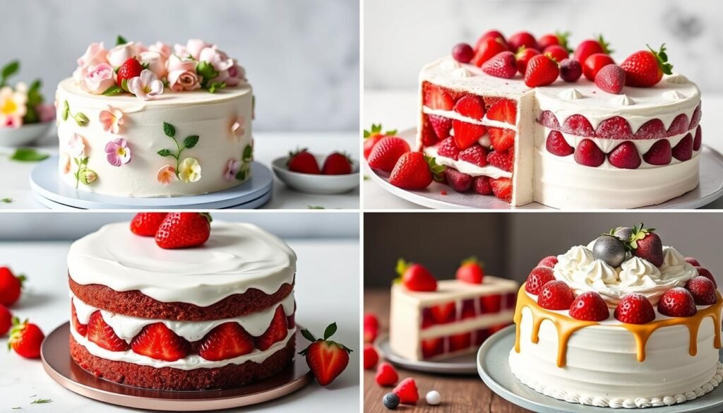 Four seasonal strawberry cake designs showing spring, summer, fall, and winter variations