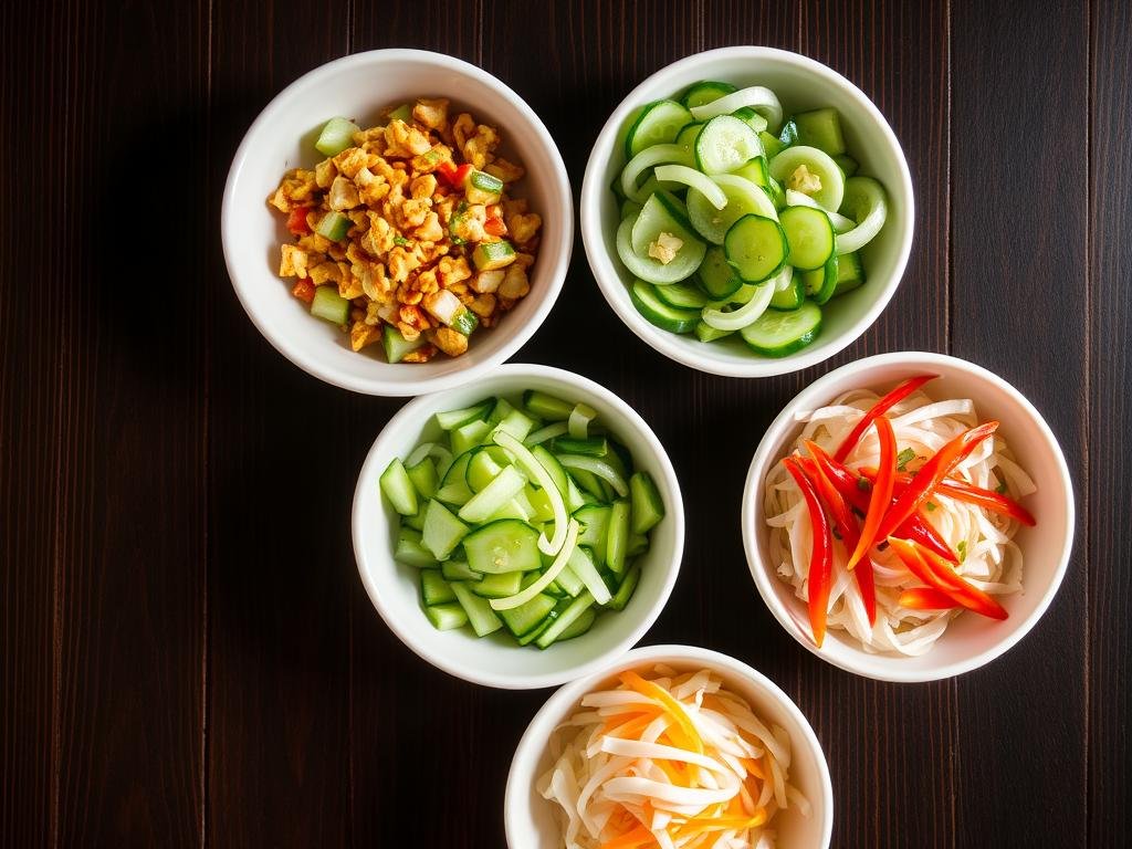 Four variations of Asian cucumber salad arranged in separate bowls showing different styles and garnishes Four variations of Asian cucumber salad arranged in separate bowls showing different styles and garnishes