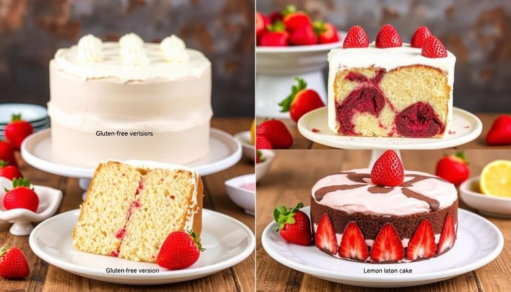 Four variations of homemade strawberry cake including gluten-free, vegan, chocolate-strawberry, and strawberry-lemon Four variations of homemade strawberry cake including gluten-free, vegan, chocolate-strawberry, and strawberry-lemon