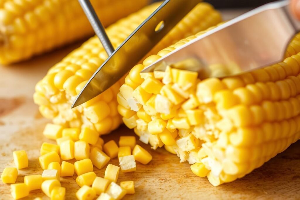 Fresh corn being cut from the cob for Southwest pasta salad