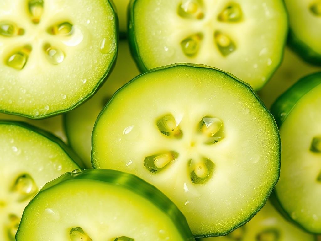 Fresh cucumber slices with water droplets highlighting hydration benefits